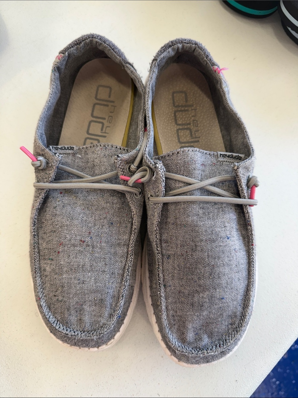 Women’s Hey Dude Grey Linen Slip-On Loafers with Pink Accents